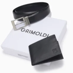 Billetera Grimoldi Negro Billetera visor y cinturon en caja cuero