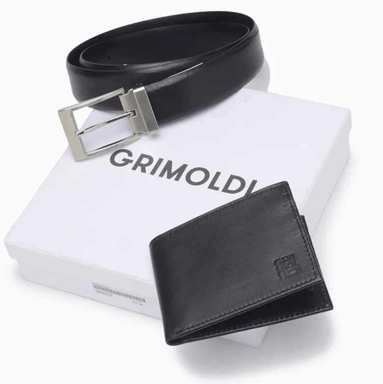 Billetera Grimoldi Negro Billetera visor y cinturon en caja cuero